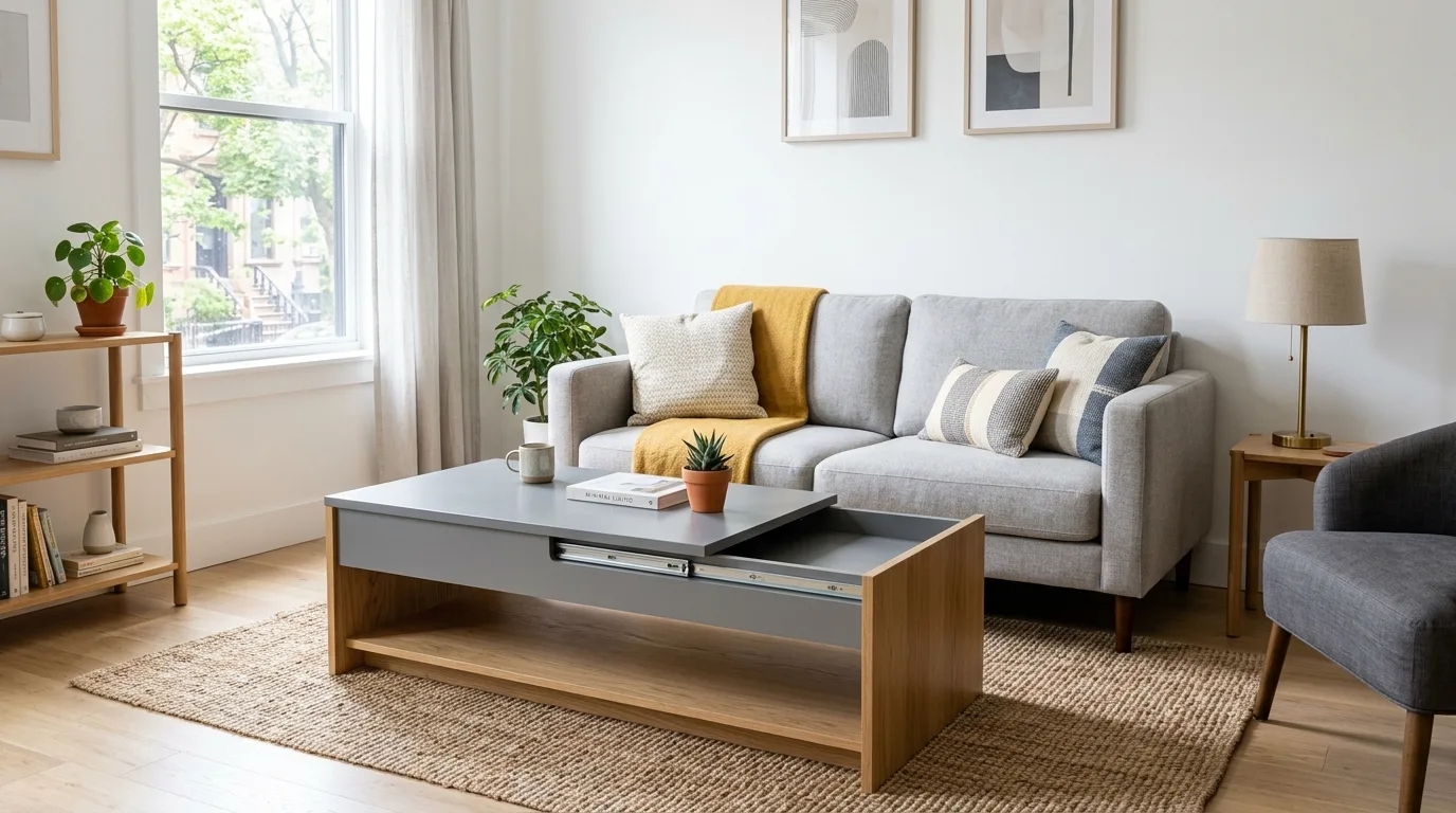 A versatile round coffee table on casters in compact apartment, no people