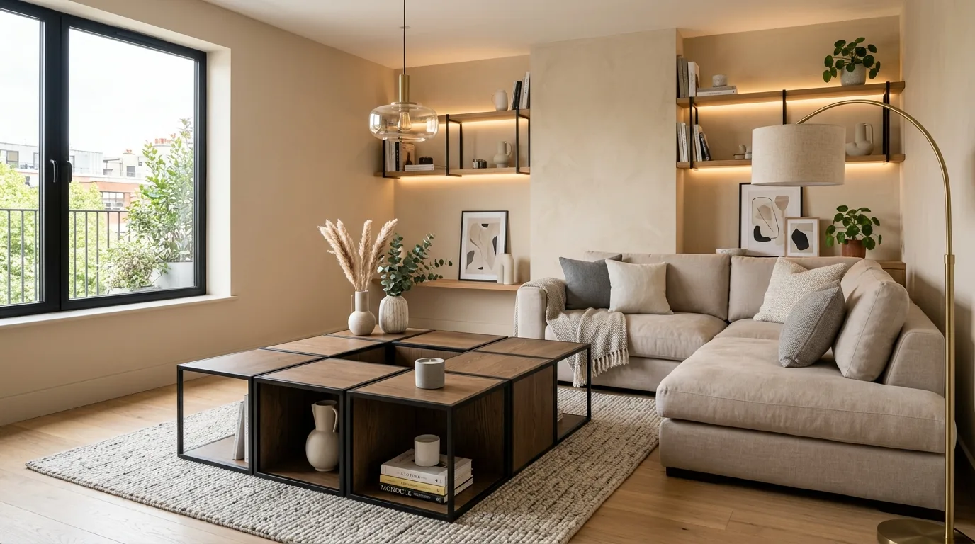 A versatile modular movable coffee table rearranged into long low surface, no people