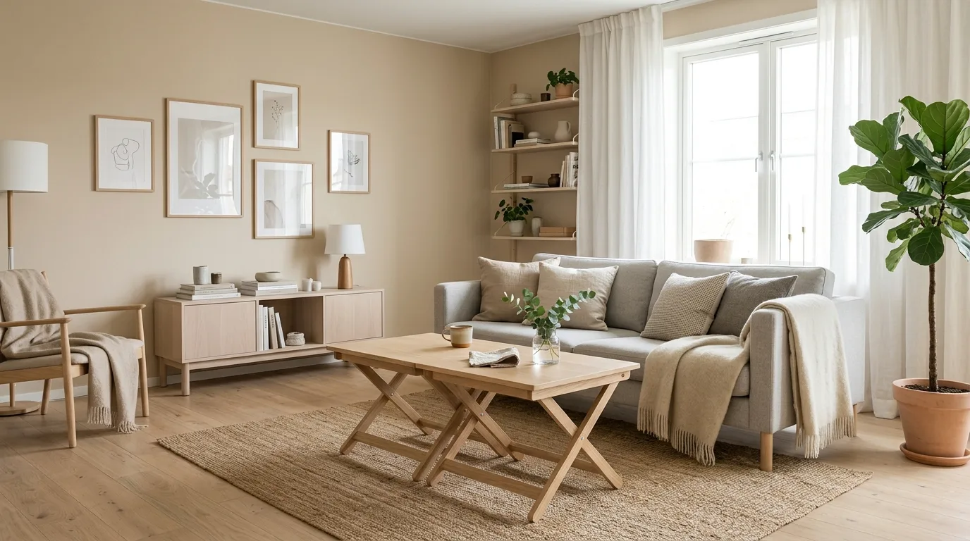 A versatile C shaped movable coffee table pairing around sectional, no people