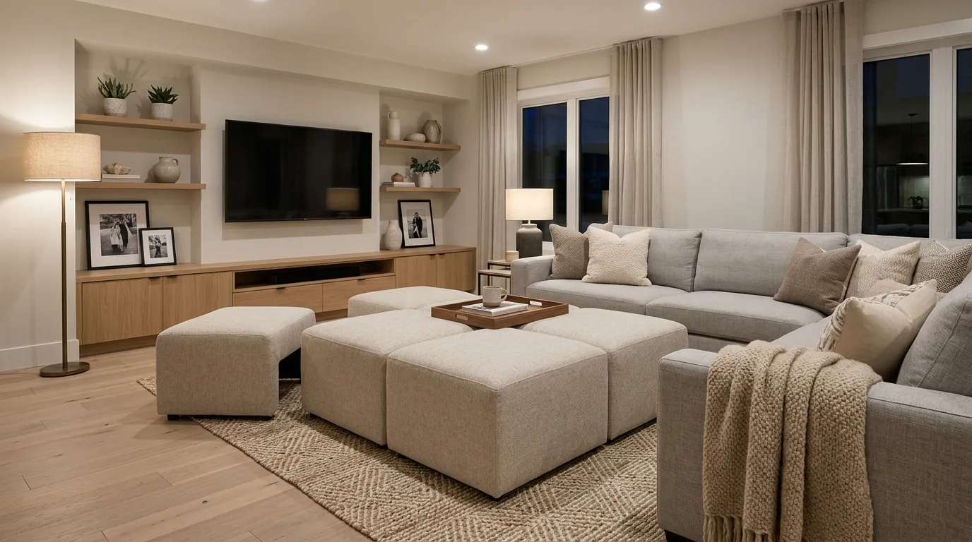 A versatile pouf and tray movable coffee table setup, no people
