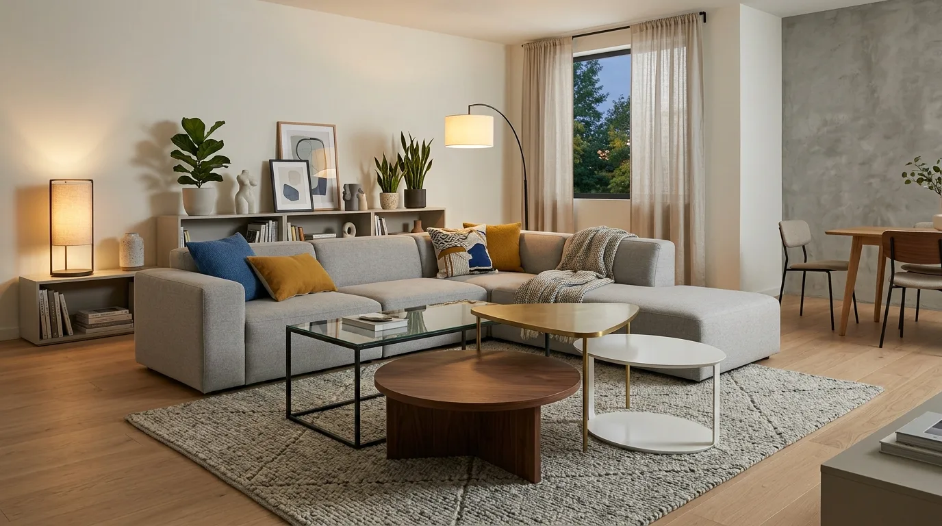 A versatile dual height movable coffee table system in living room, no people