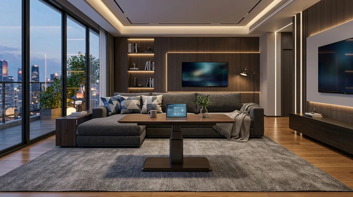 A versatile upholstered movable coffee table doubling as ottoman, no people