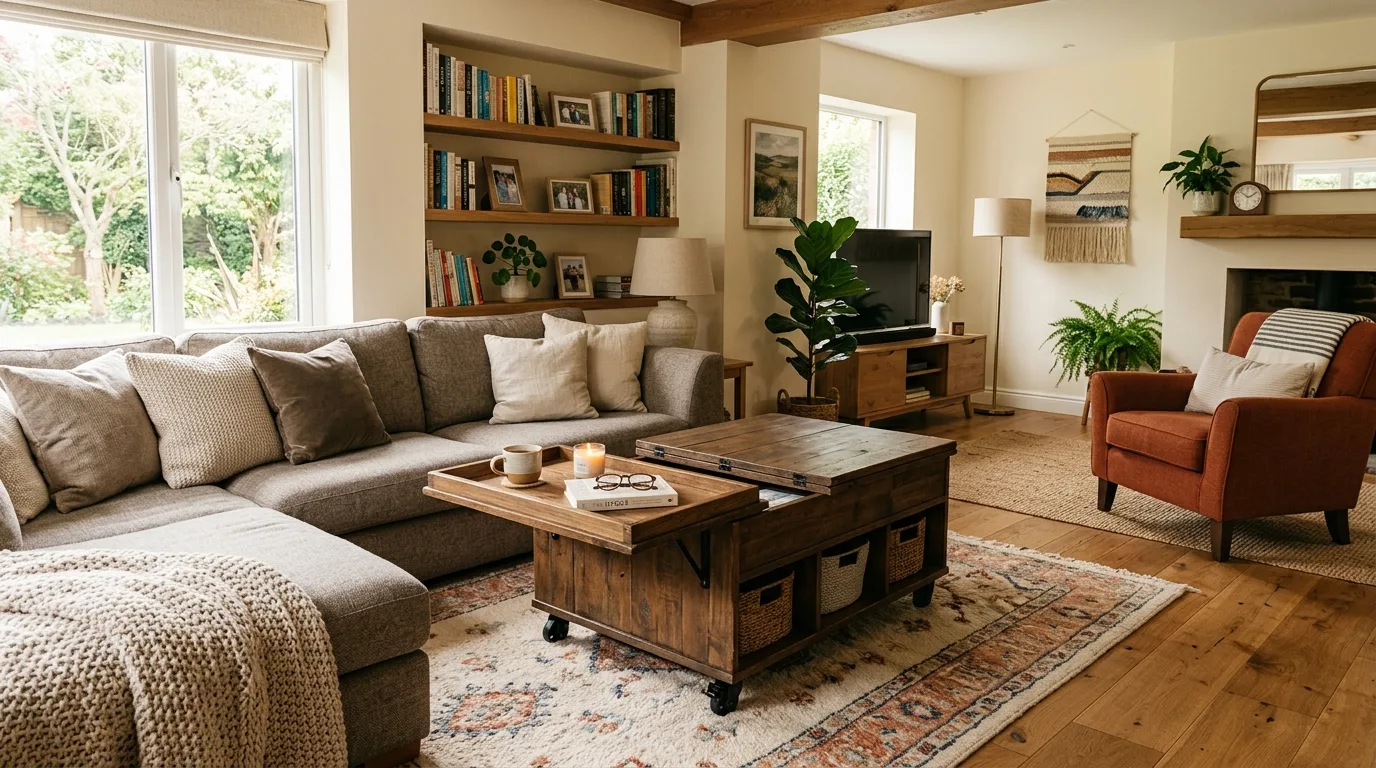 A versatile movable coffee table with pull out side ledges, no people