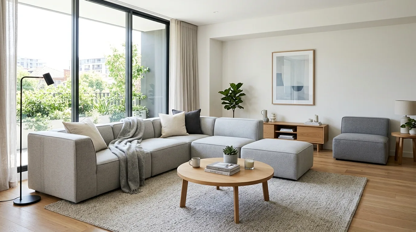 An adaptable modular sofa shifting from sofa to chaise layout, no people