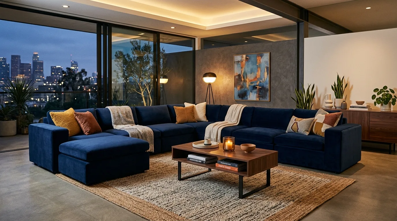 An adaptable modular sofa arranged around wide media wall, no people