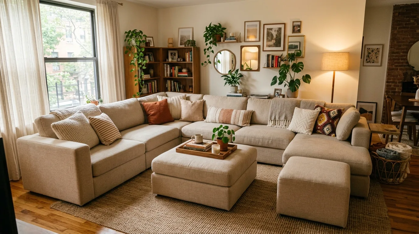 An adaptable curved modular sofa in open plan living room, no people