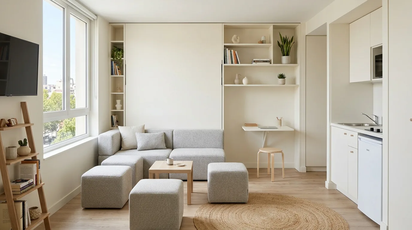 An adaptable modular sofa with color blocked sections in family lounge, no people