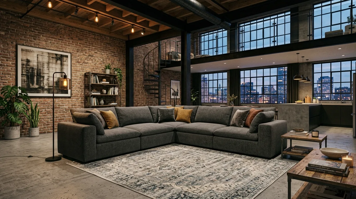 An adaptable slim modular sofa in narrow living room, no people