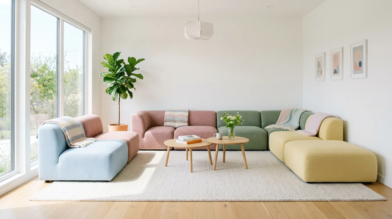 An adaptable modular sofa with movable side tables in living room, no people