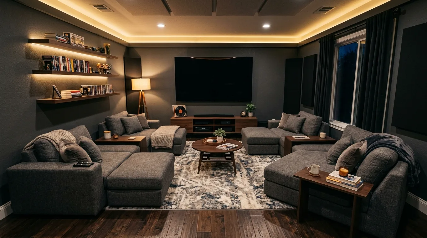 An adaptable modular sofa arranged inward like conversation pit, no people