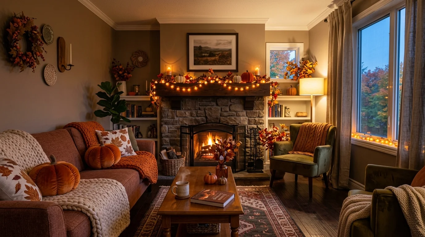 A cozy Thanksgiving porch decorated with stacked wooden crates, pumpkins, lanterns, and soft autumn styling, no people