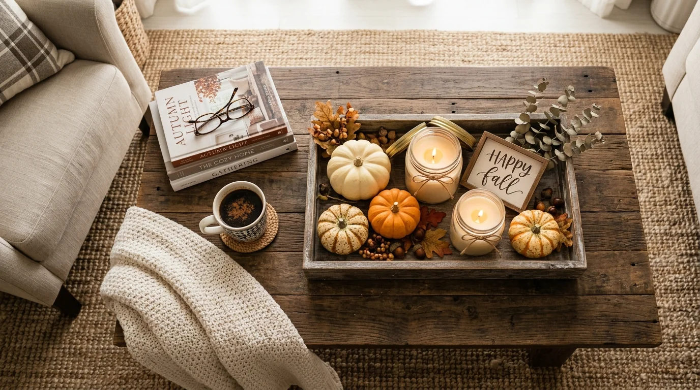 A warm Thanksgiving mantel styled with autumn foliage, candles, pumpkins, and layered cozy textures, no people