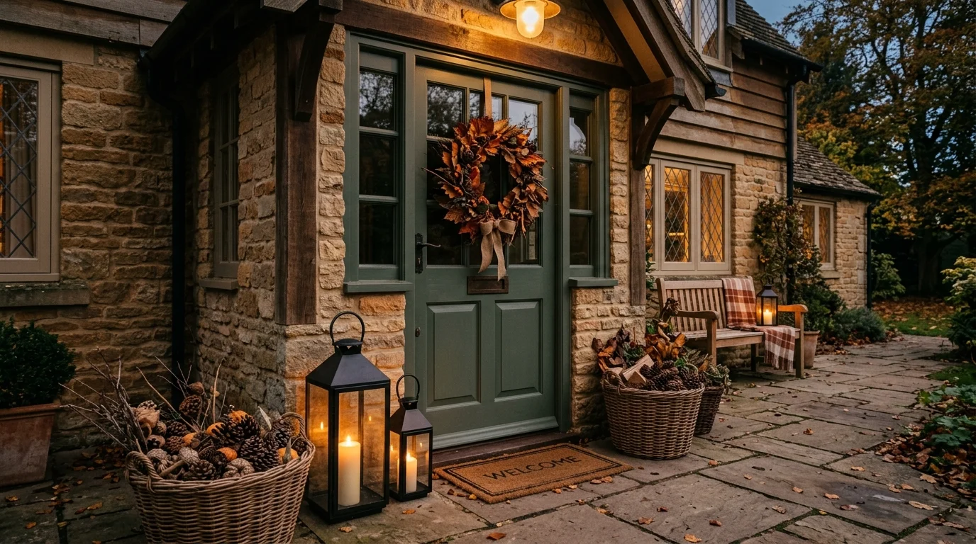 A cozy Thanksgiving living room corner with a woven blanket basket, warm throws, pumpkins, and autumn decor, no people