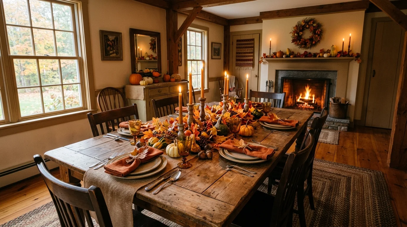 A Thanksgiving entry console decorated with bowls, leaves, candles, pumpkins, and soft warm autumn lighting, no people