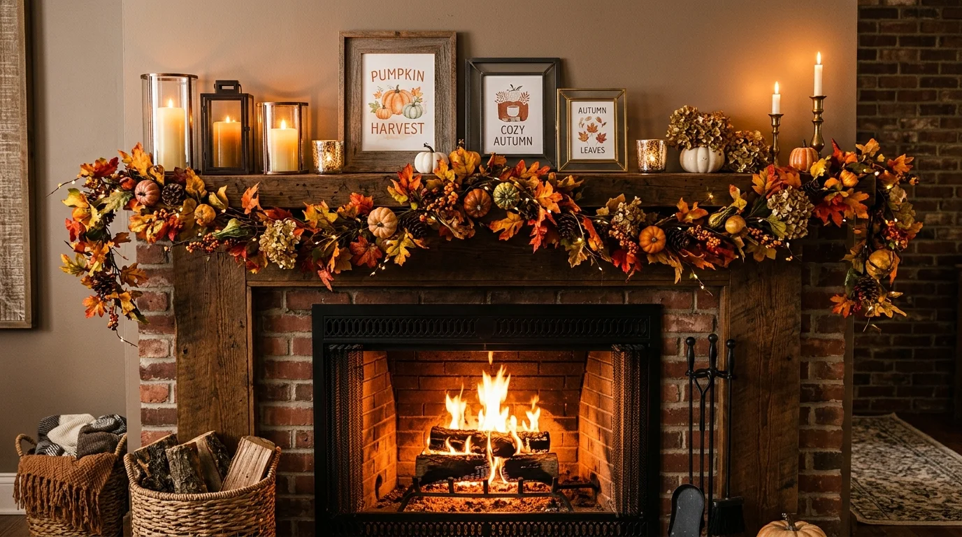 A cozy Thanksgiving dining hutch styled with dishes, pumpkins, candles, and layered autumn display pieces, no people