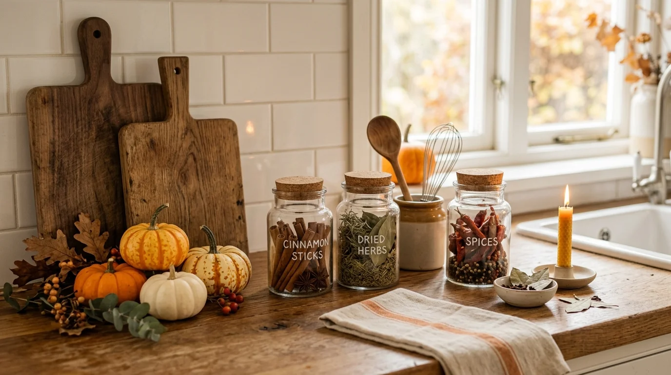 A cozy coffee table tray styled with candles, leaves, books, and autumn Thanksgiving accents, no people