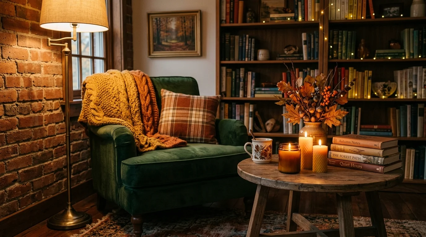 A Thanksgiving bedroom accent display with a bench, folded throws, neutral pumpkins, and soft seasonal styling, no people