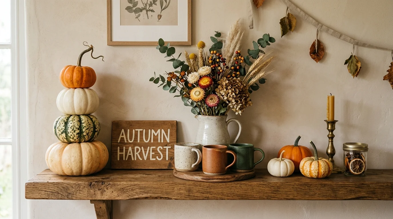 A cozy Thanksgiving staircase decorated with lanterns, autumn foliage, pumpkins, and warm glowing accents, no people