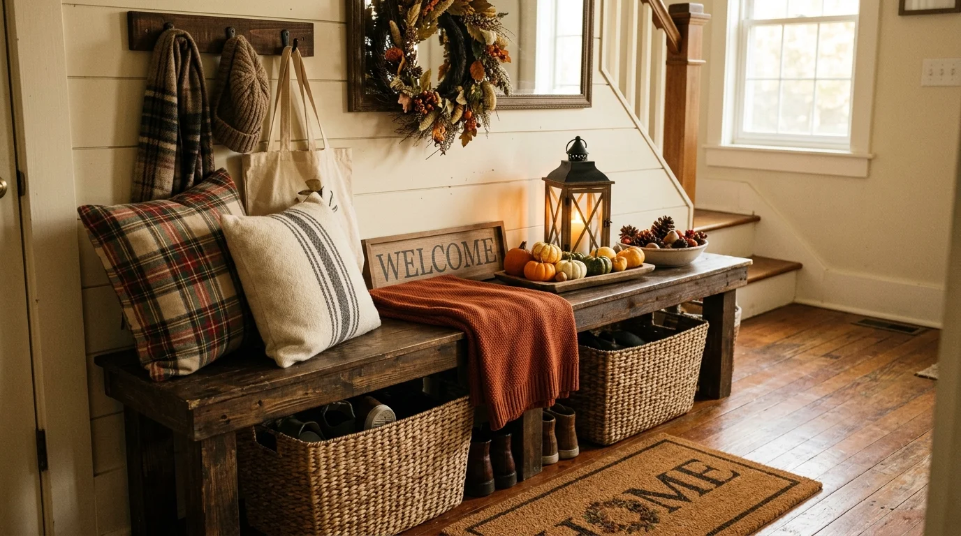 A subtle Thanksgiving bathroom display with candles, mini pumpkins, folded towels, and soft autumn decor, no people