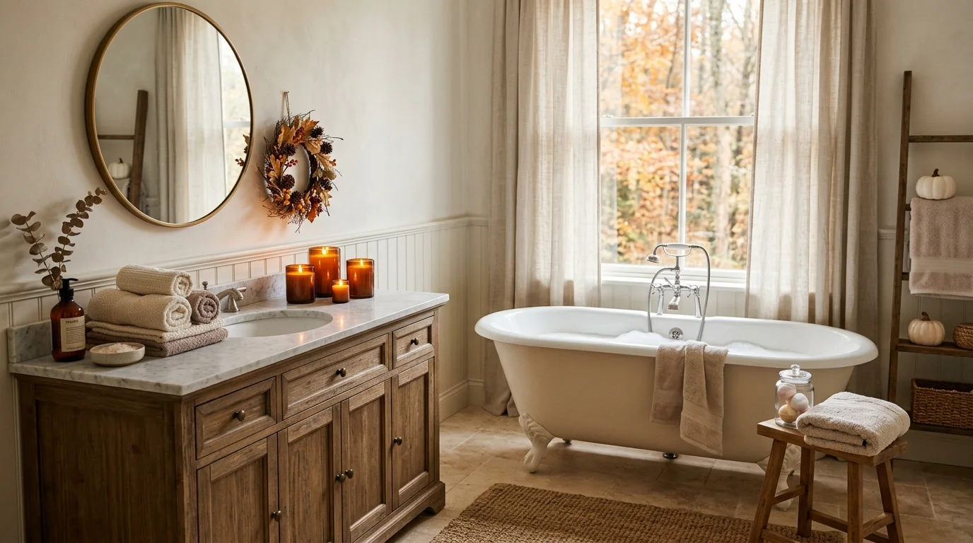A cozy Thanksgiving wall ledge styled with framed art, leaves, candles, and layered autumn accessories, no people