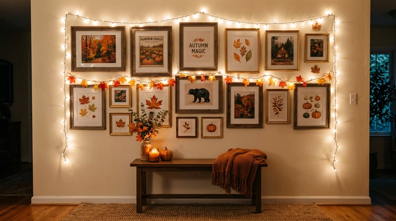 A Thanksgiving fireplace hearth decorated with pumpkins, baskets, candles, and warm rustic autumn styling, no people