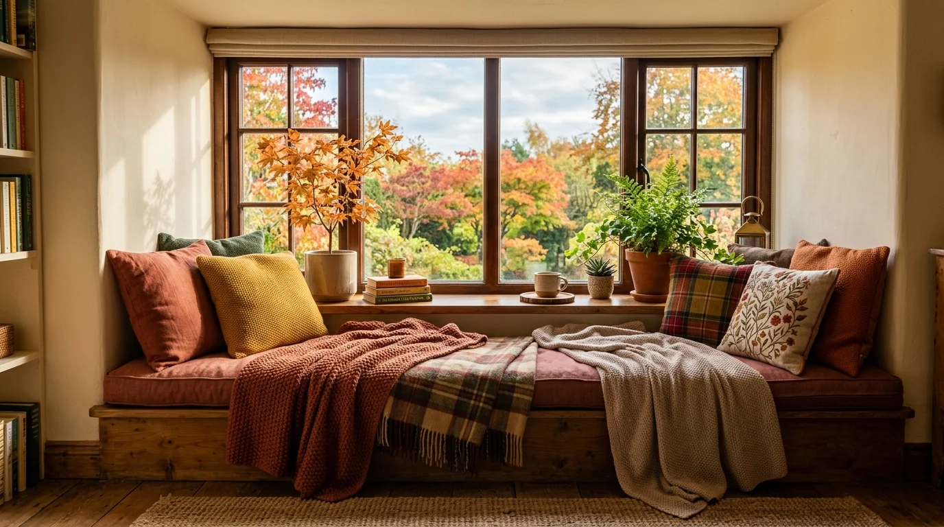 A cozy autumn window sill decorated with candles, dried stems, small pumpkins, and Thanksgiving accents, no people
