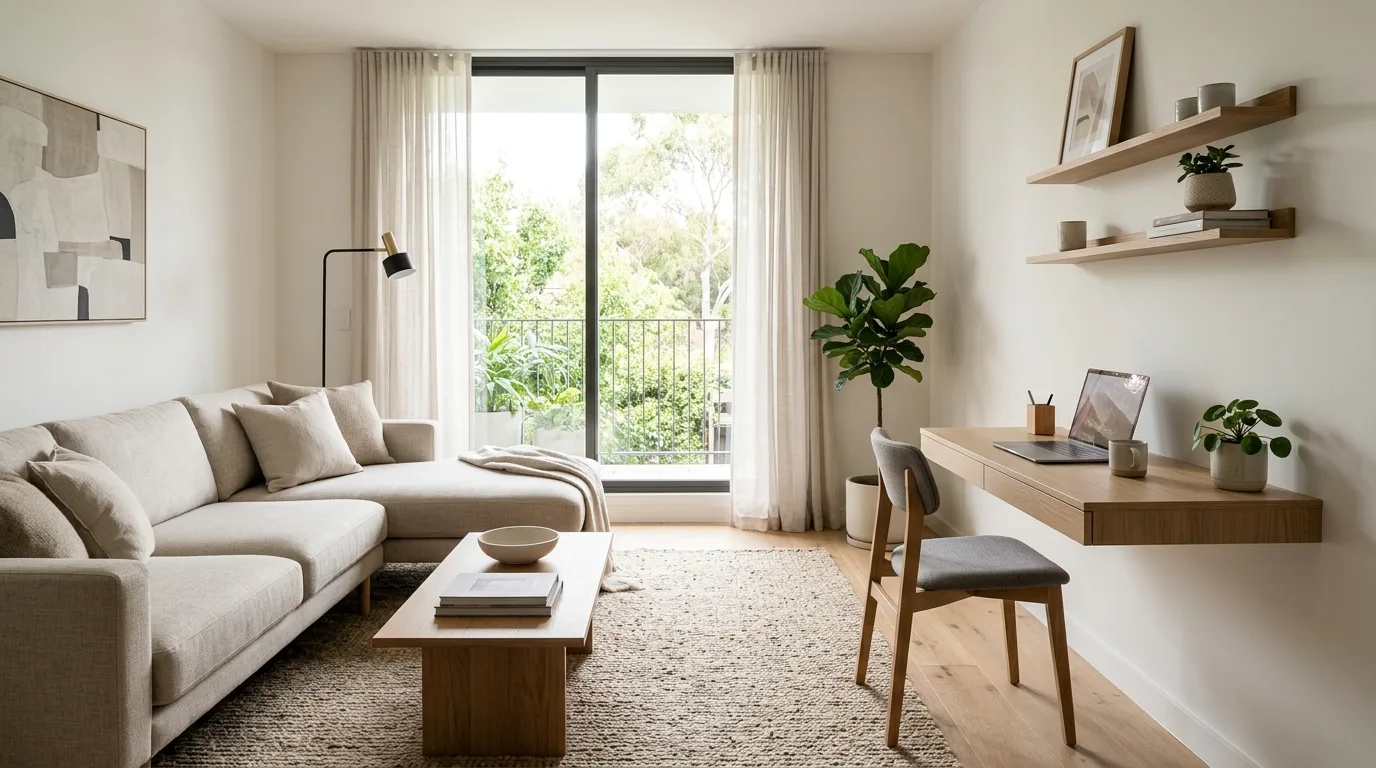 A functional living room desk behind sofa as subtle work zone, no people