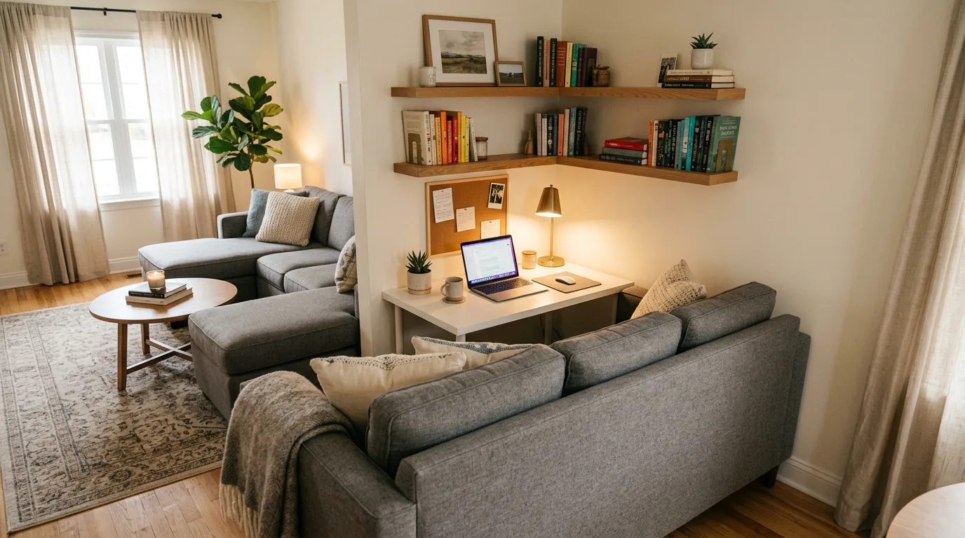 A functional living room wall mounted desk beside shelving, no people