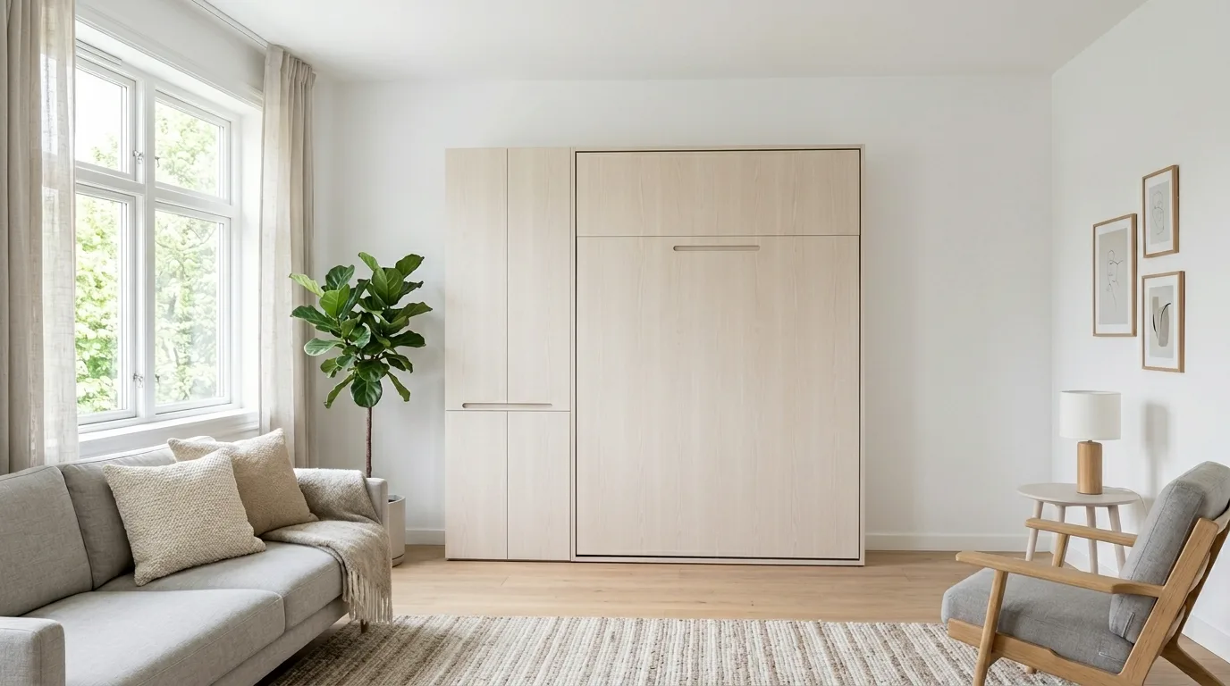 A functional living room secretary desk that closes after work, no people