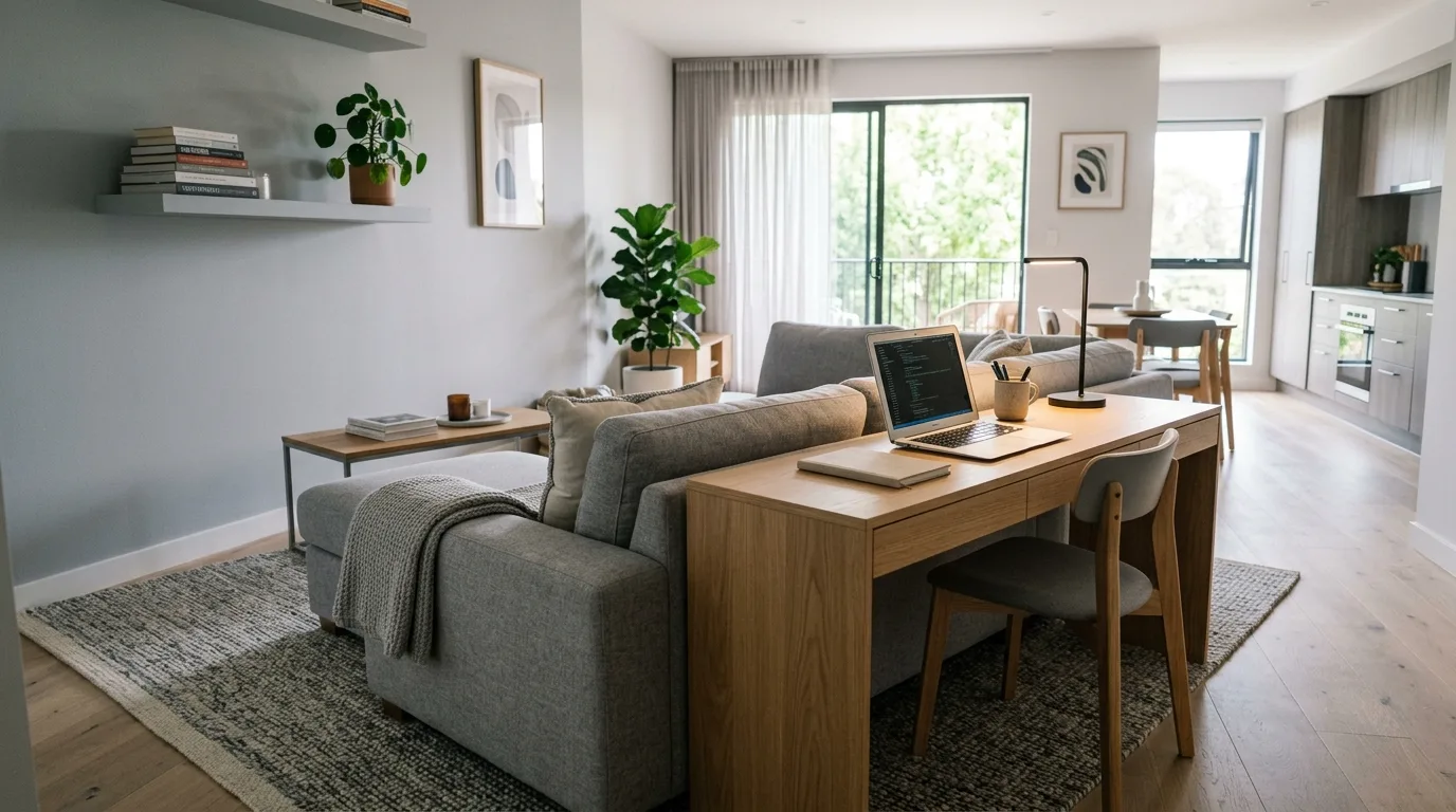 A functional living room corner desk with art lamp and soft chair, no people