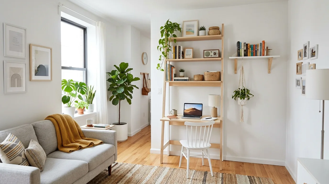 A functional living room console desk under window, no people