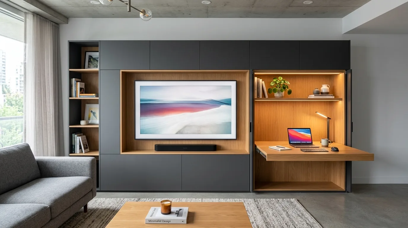 A functional living room desk hidden in built in media wall, no people