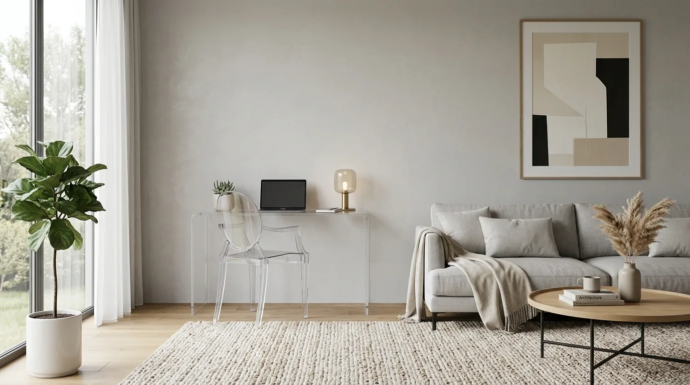 A functional fold down living room desk disappearing into paneled wall, no people