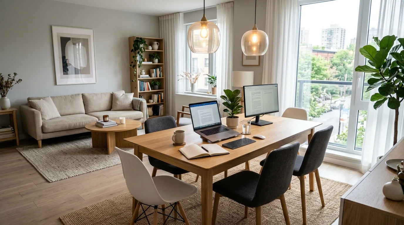 A functional living room desk in bay window nook with soft textiles, no people