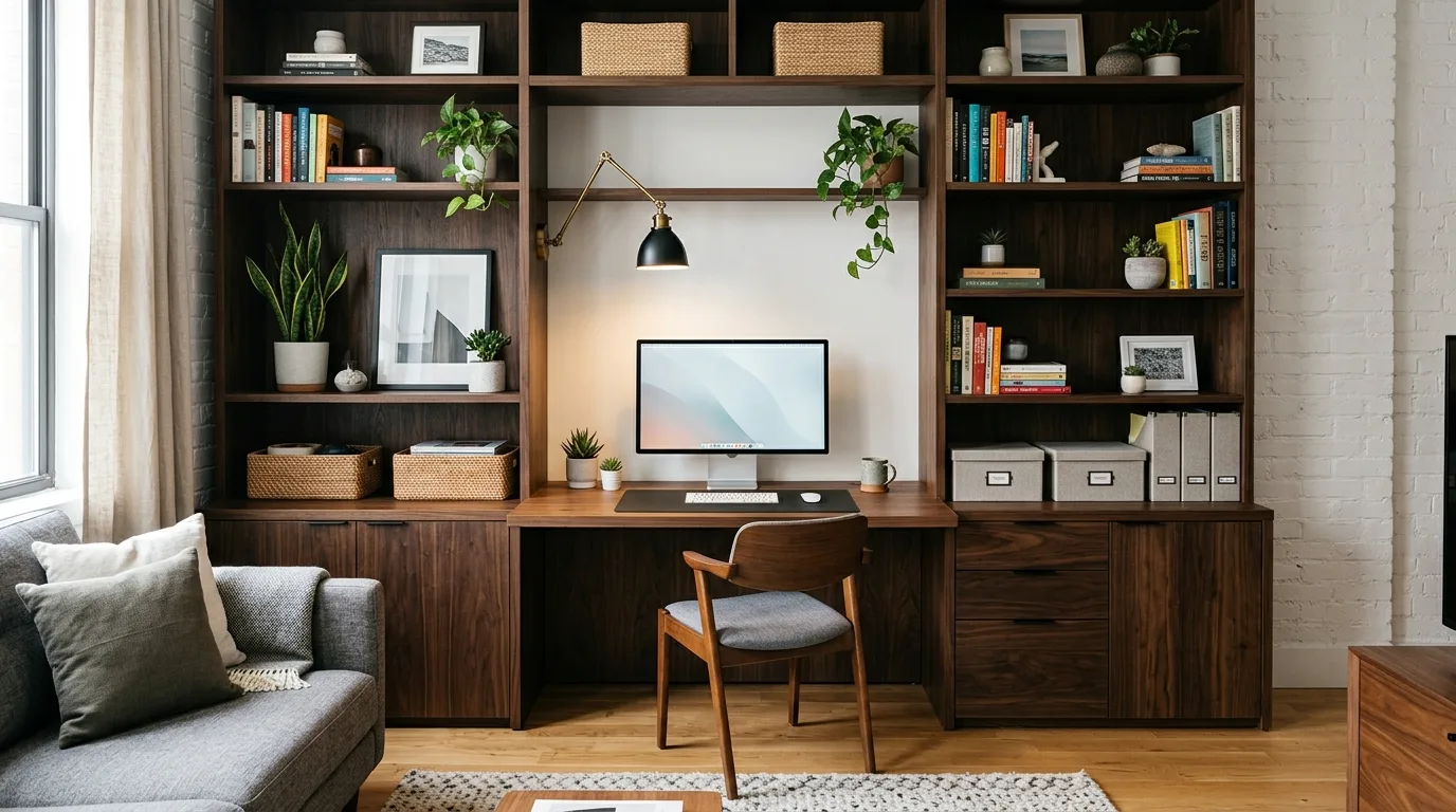 A functional modern oak living room desk with lounge worthy chair, no people