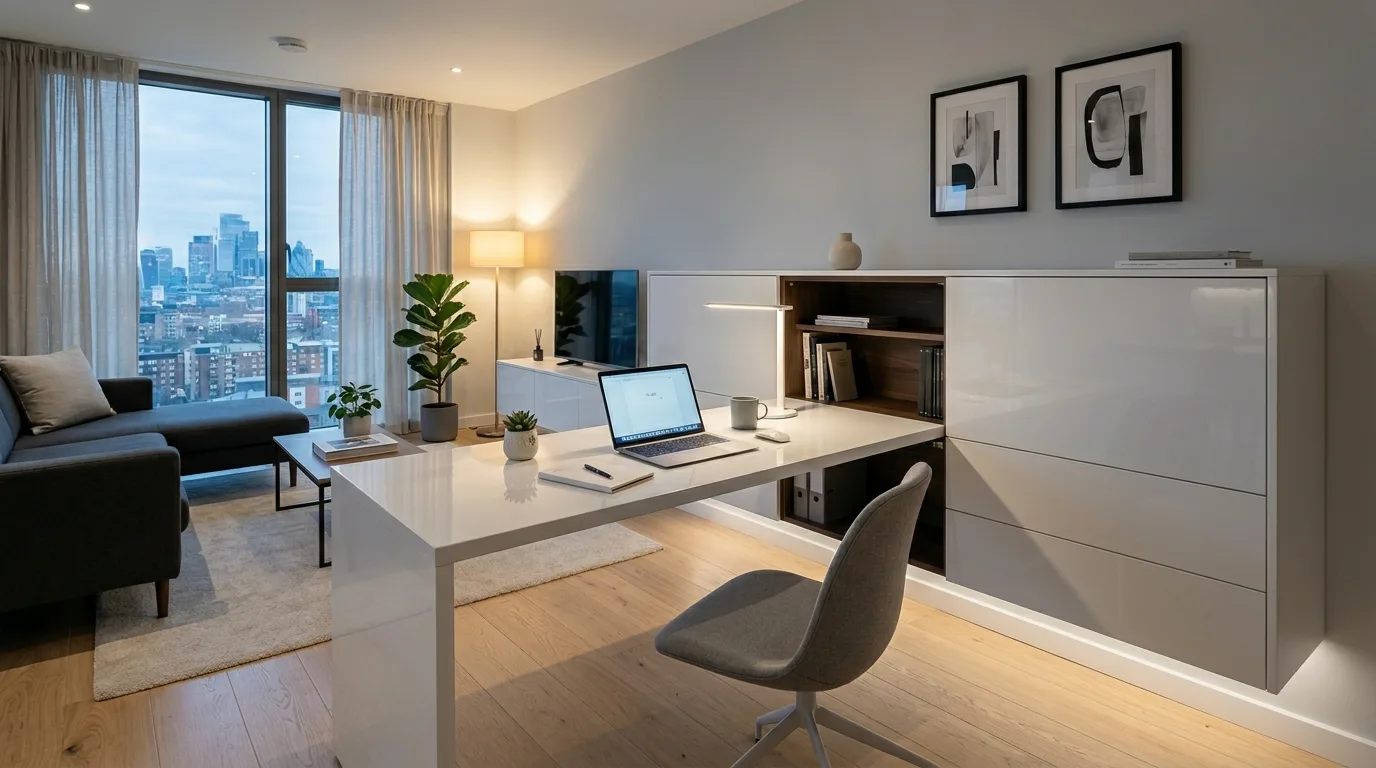 A functional sideboard style living room desk with hidden storage, no people