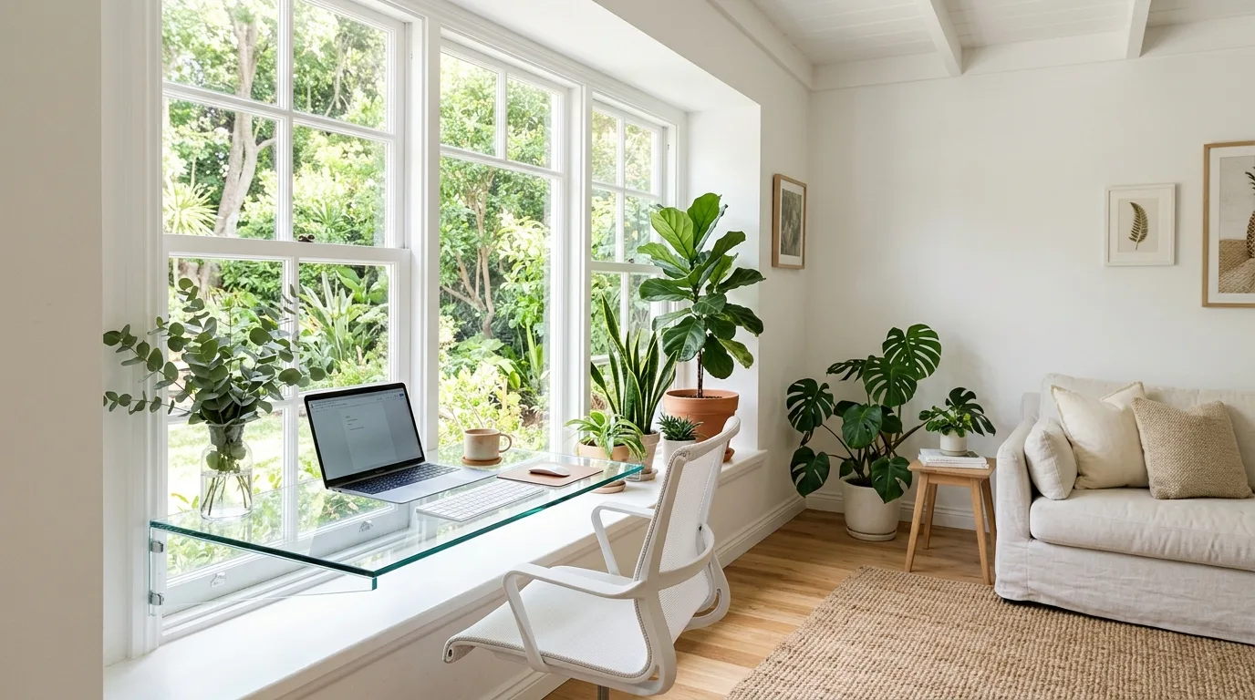 A functional living room desk zone defined by rug and lamp, no people