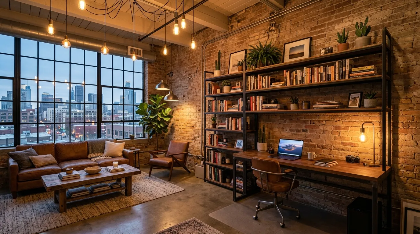 A functional apartment living room ladder desk with bookshelf, no people