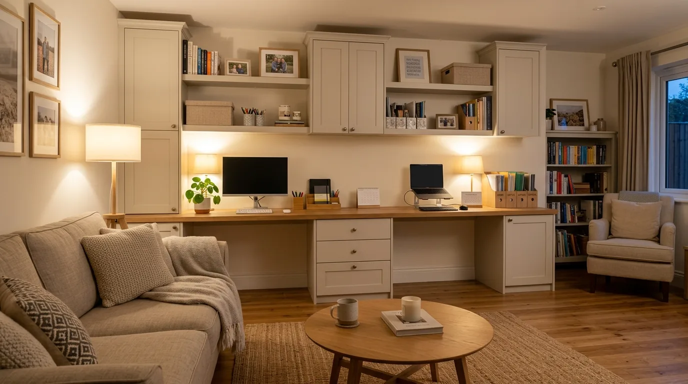 A functional soft neutral living room desk beside fireplace, no people