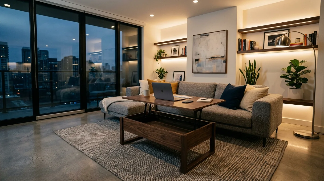 A functional living room desk disguised as console beneath artwork, no people