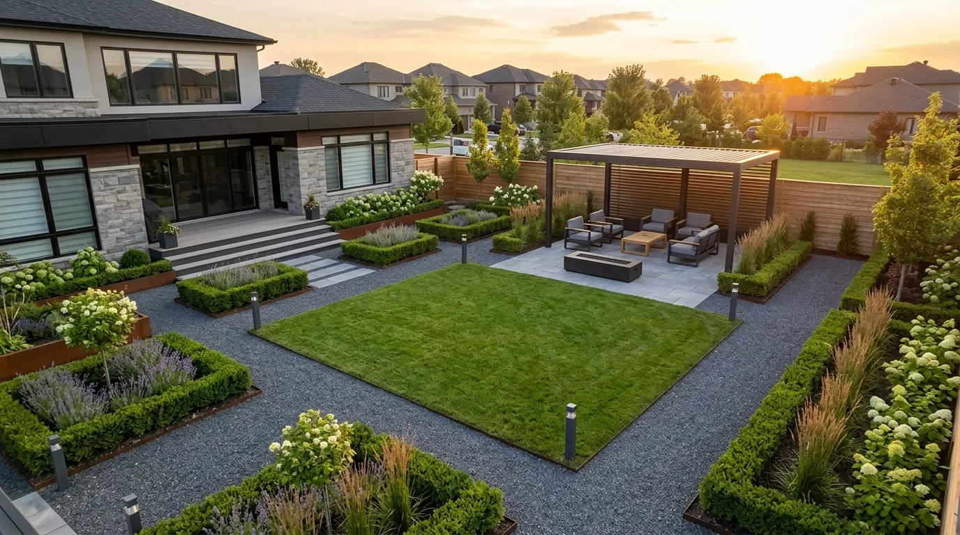 A stylish backyard patio framed by deep layered garden borders filled with shrubs, flowering perennials, and ornamental grasses surrounding a cozy seating area in bright natural light, photographed from a slightly elevated wide angle, no people