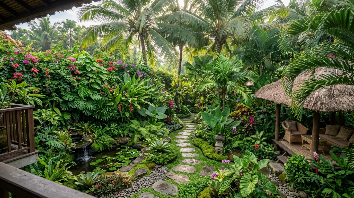 A backyard garden with a gently curving stone path weaving through lush mixed planting beds of flowers and greenery, creating a spacious and inviting layout under soft afternoon sunlight, no people