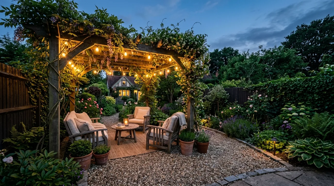 A backyard with a central rectangular lawn surrounded by abundant colorful flower beds and layered greenery, balanced and symmetrical in bright daytime light, viewed from above at a gentle angle, no people