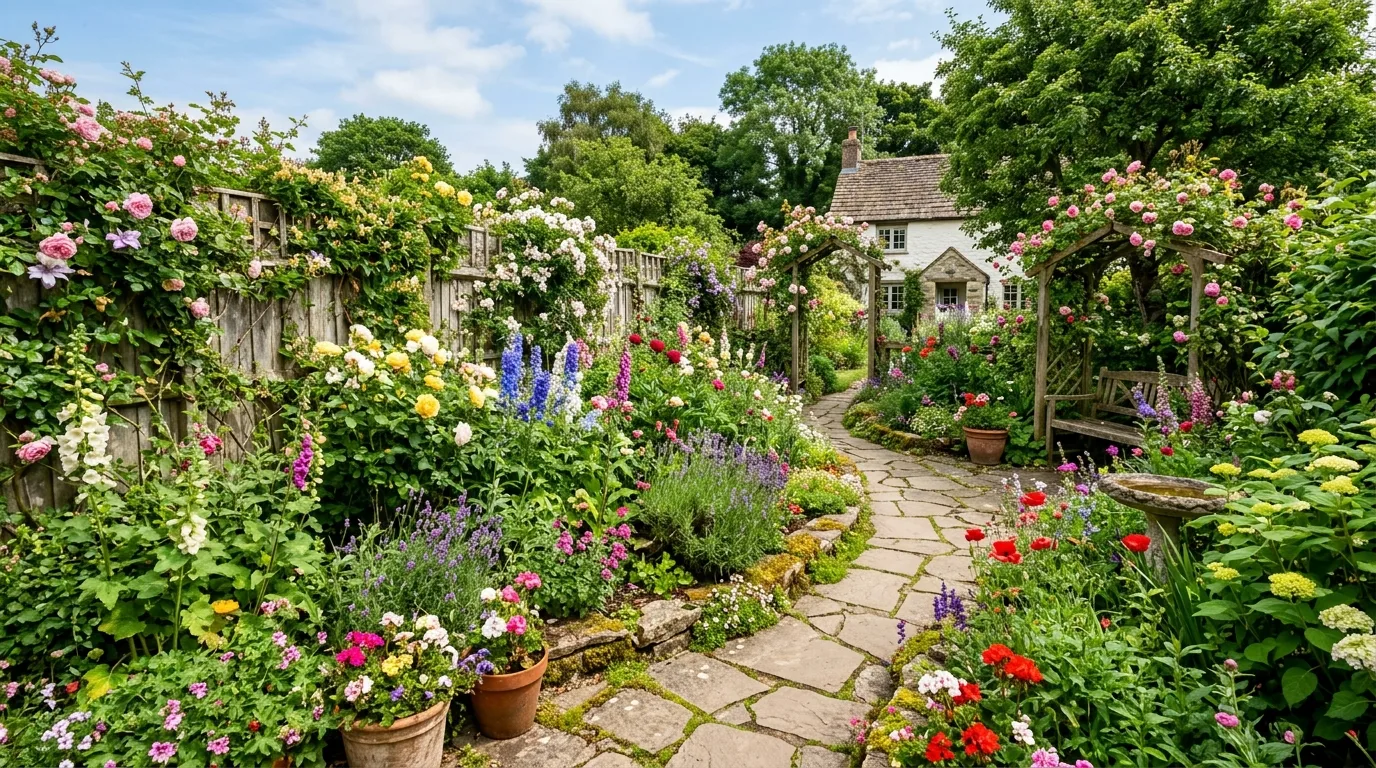 A modern backyard garden with structured planting beds, clipped shrubs, repeated grasses, and clean paving lines creating a minimalist outdoor design in soft daylight, no people