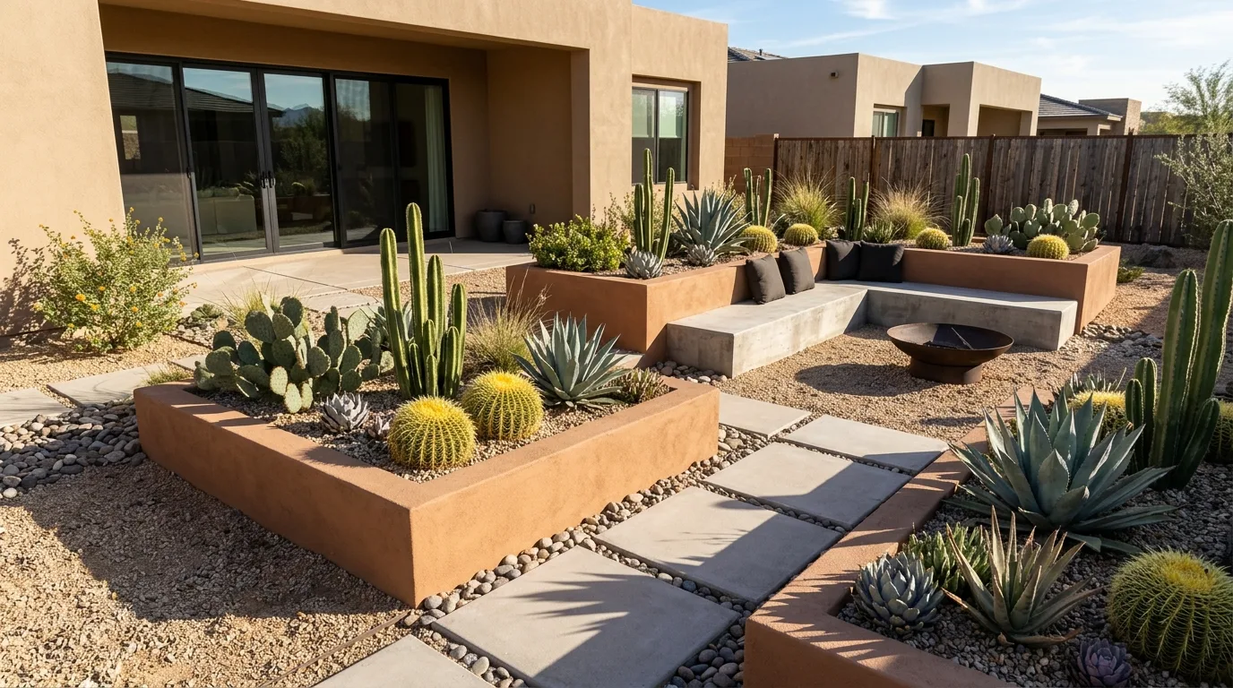 A backyard fire pit area surrounded by fragrant herbs, soft flowers, and low shrubs with cozy seating arranged in a planted garden setting during warm evening light, no people
