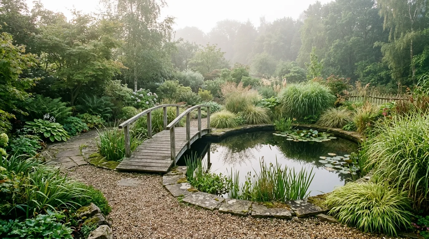 A backyard with beautifully arranged raised garden beds filled with vegetables, herbs, and flowers, organized by neat gravel paths and tidy edging in bright natural sunlight, no people