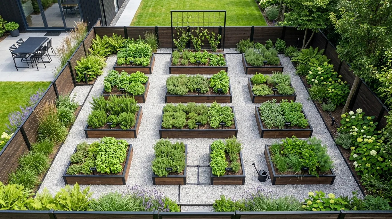 A narrow backyard retreat with layered screening from slim trees, trellises, climbing plants, and planters creating a secluded green corridor in soft daylight, no people