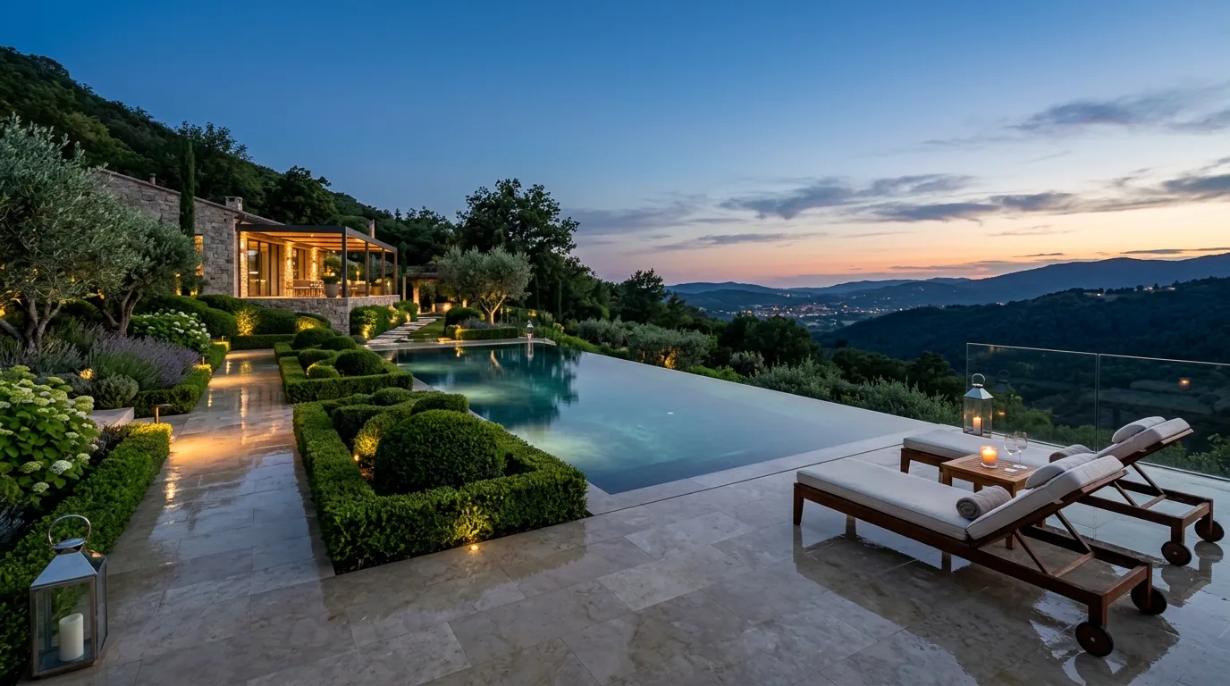 An evening backyard garden with pale flowers, silver foliage, and warm landscape lighting illuminating layered borders around a seating area at dusk, no people