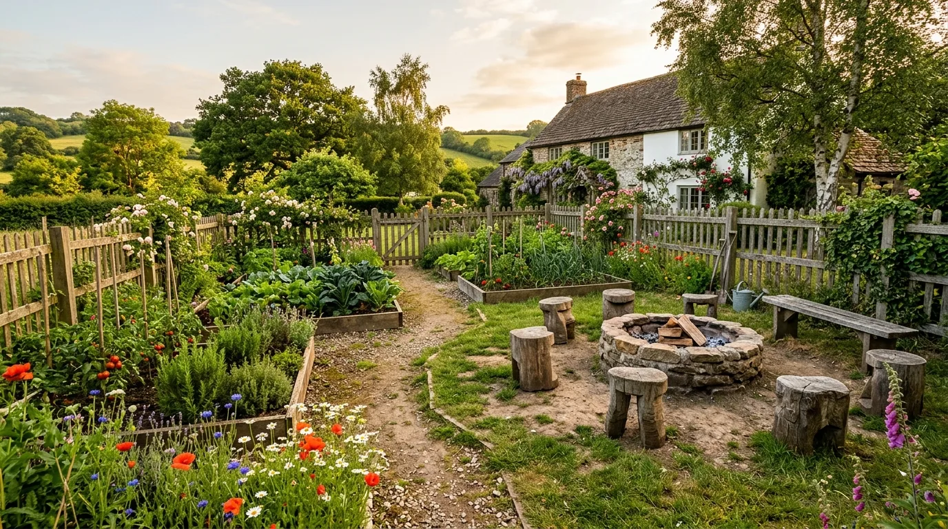 A backyard garden centered around a small bubbling water feature surrounded by soft flowering plants and leafy greenery in calm daylight, no people