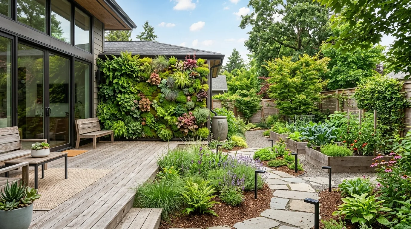 A sloped backyard transformed with terraced planting beds, stone retaining walls, and flower-lined steps under bright natural light, photographed from a wide angle, no people